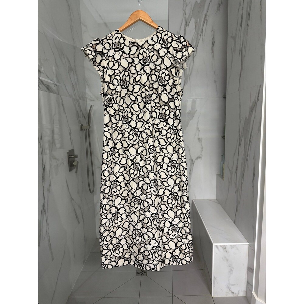 H&M Black and Cream Floral Patterned Midi Dress - size 10